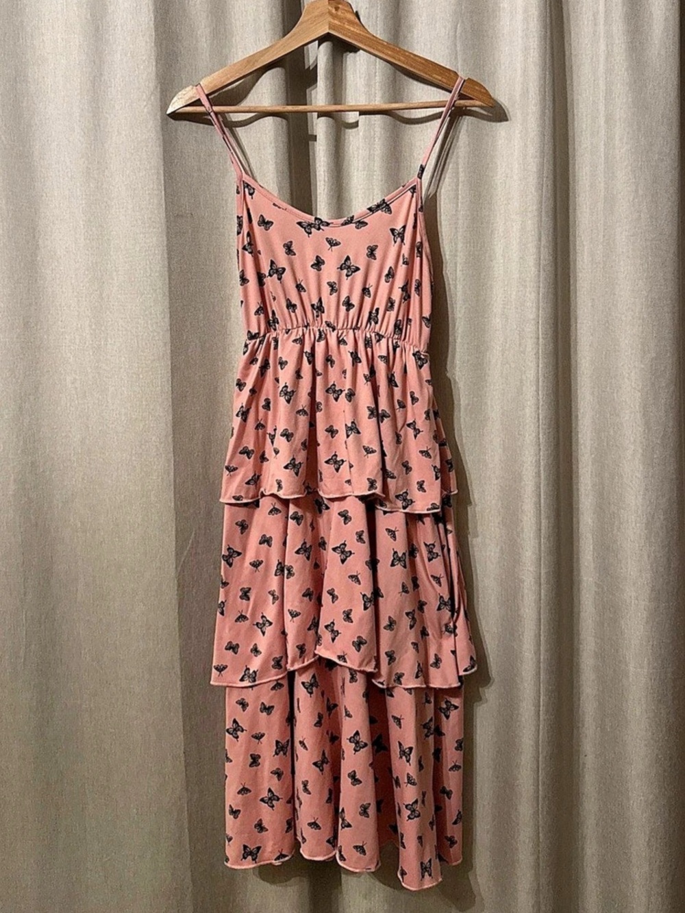 Glitter Girl Butterfly Print Tiered Midi Dress in Pink